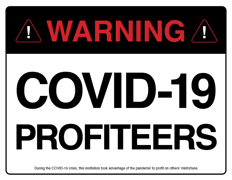 Photo of ‘Warning: COVID-19 Profiteers’ front side